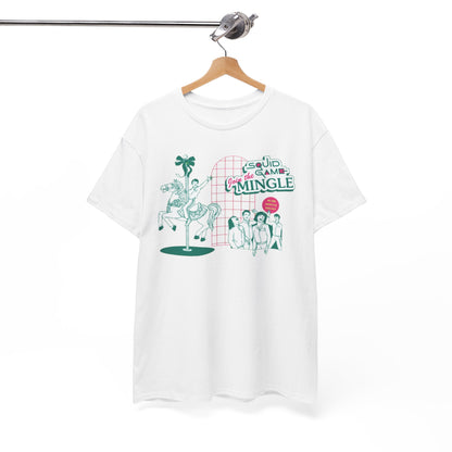 Fashion-forward white t-shirt elegantly displayed on a wooden hanger, showcasing a unique Squid Game themed graphic that's perfect for making a statement.