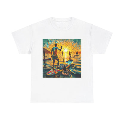 Luxury Paddleboarding Scene T-Shirt by Dazzling Dreams Studio, ideal for water sports enthusiasts and nature lovers featuring a beautiful paddleboarding design.