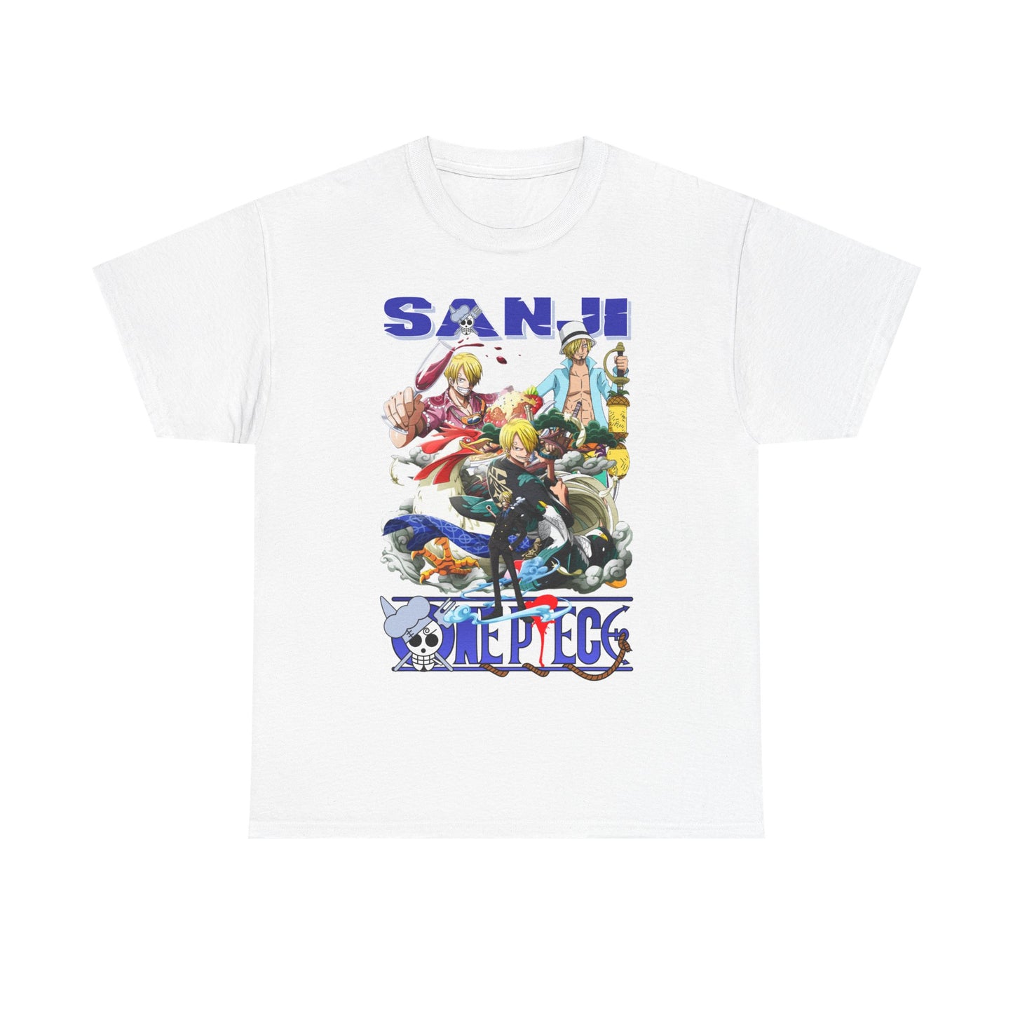 Elegant white men's graphic t-shirt adorned with a stunning design of Sanji from One Piece, depicting the character in a series of lively poses, made from high-quality materials for a soft and luxurious fit.