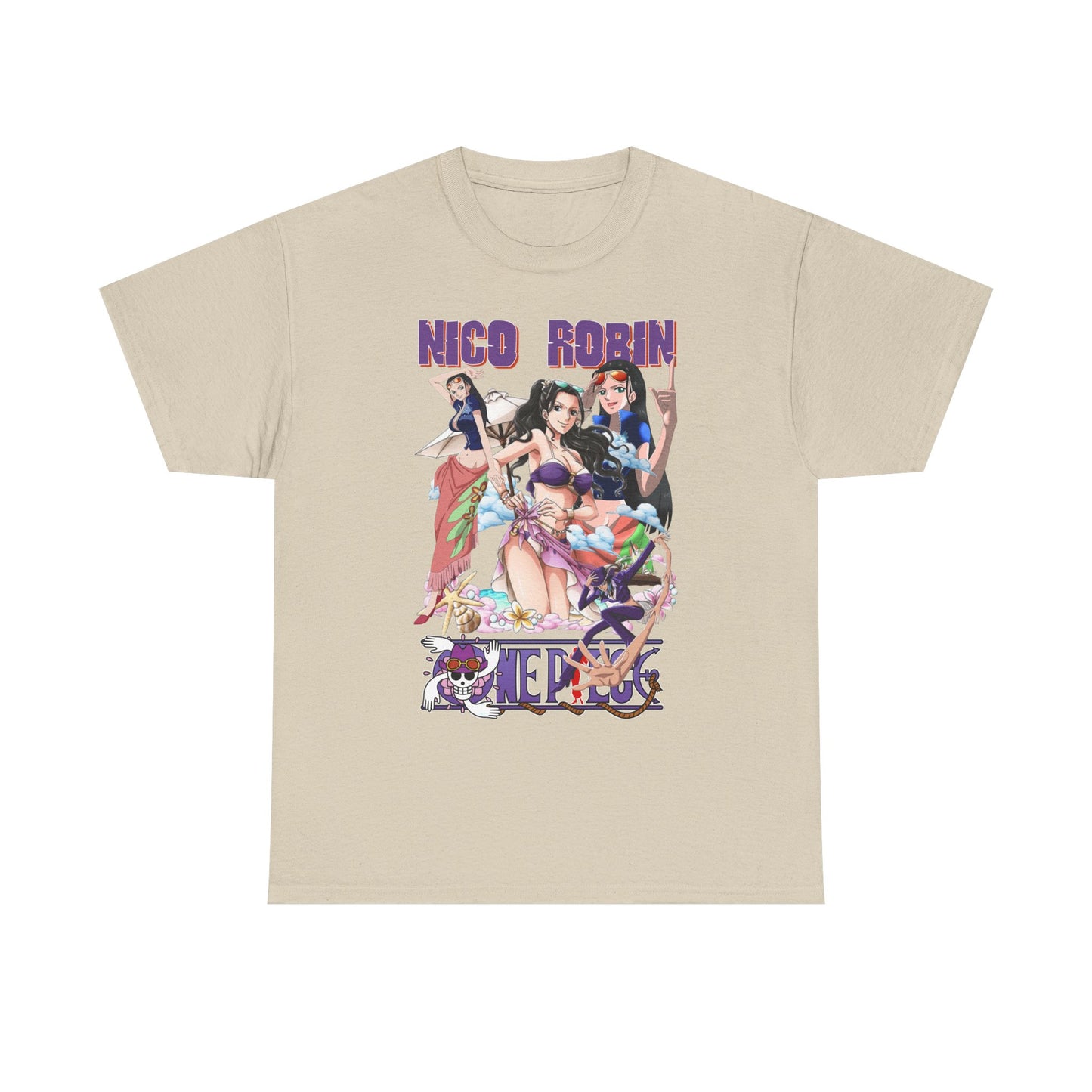 Chic beige t-shirt adorned with vibrant anime characters featuring Nico Robin, reflecting a fun beach atmosphere. A sophisticated choice for stylish anime fans.