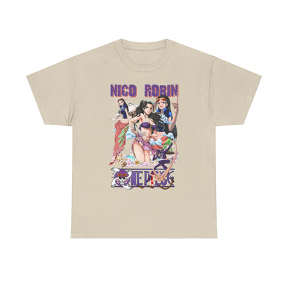 Chic beige t-shirt adorned with vibrant anime characters featuring Nico Robin, reflecting a fun beach atmosphere. A sophisticated choice for stylish anime fans.