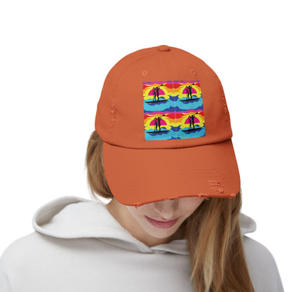 Unisex Distressed Paddleboarders Cap with a vibrant fantasy paddleboarding design, styled for ultimate sun protection, perfect for luxury outdoor adventures.