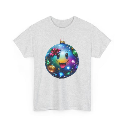Front view of the grey Festive Cheer Christmas Bauble Unisex Cotton T-Shirt Graphic Tee, adorned with a joyful ornament design, inviting holiday spirit into everyday fashion.
