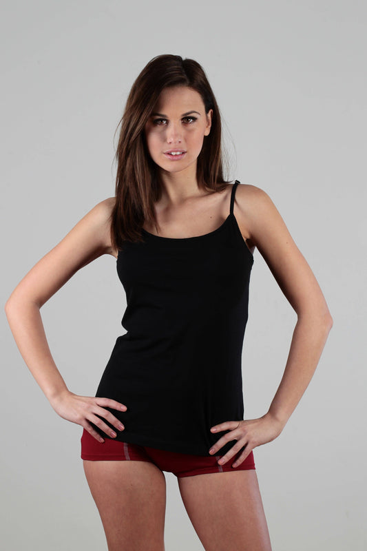 Luxury 100% organic cotton tank top for women featuring adjustable spaghetti straps in soft jersey fabric.