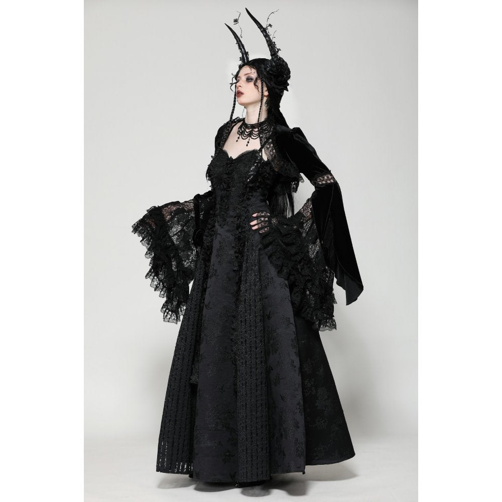 Elegant Dark in Love Lavinia Velvet and Lace Shrug showcasing dramatic bell sleeves, perfect for gothic fashion enthusiasts.