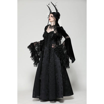 Elegant Dark in Love Lavinia Velvet and Lace Shrug showcasing dramatic bell sleeves, perfect for gothic fashion enthusiasts.