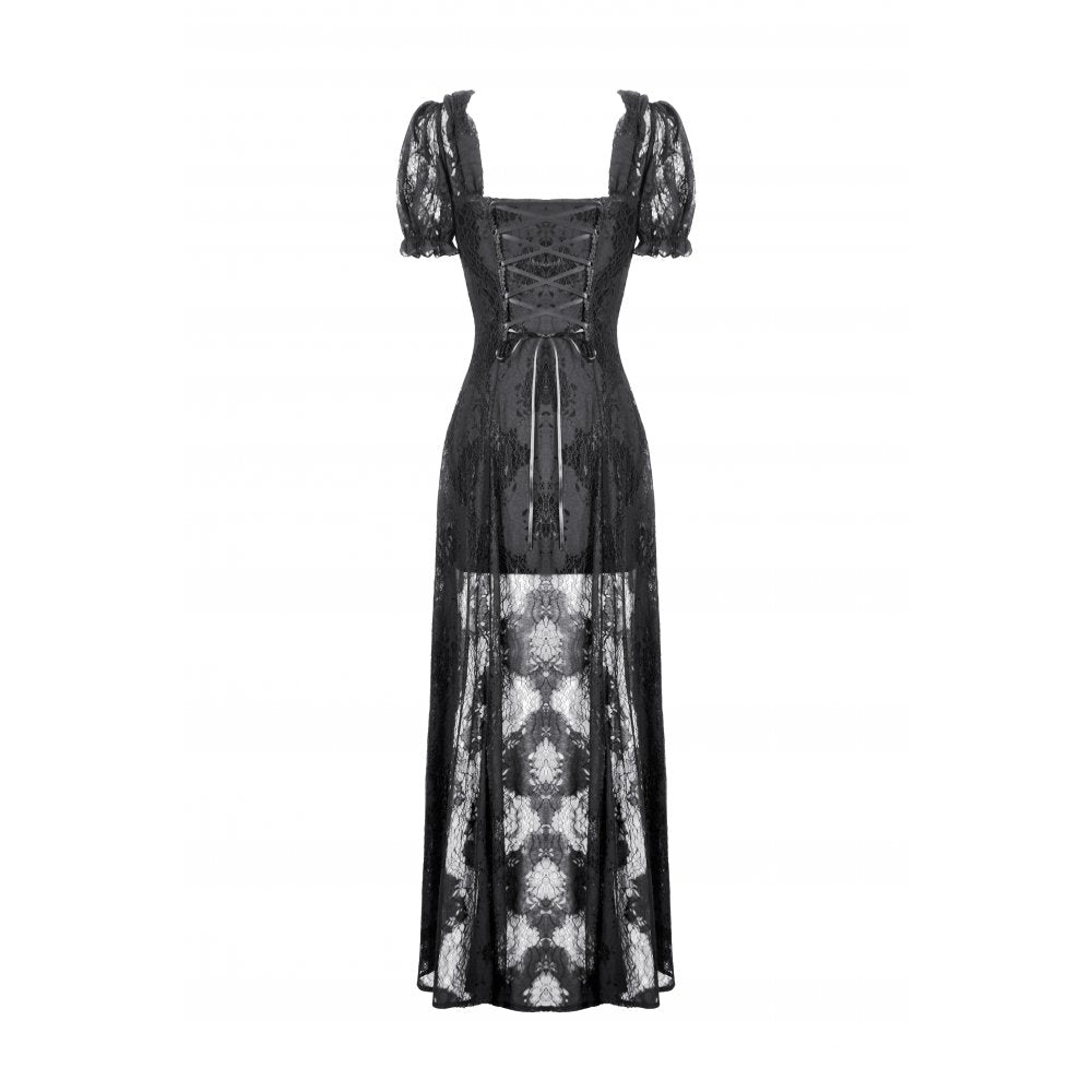 Back view of the gothic maxi dress revealing the stylish back zipper closure and elegantly layered lace train.