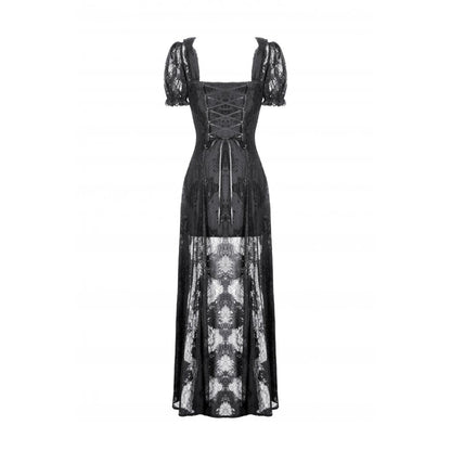 Back view of the gothic maxi dress revealing the stylish back zipper closure and elegantly layered lace train.