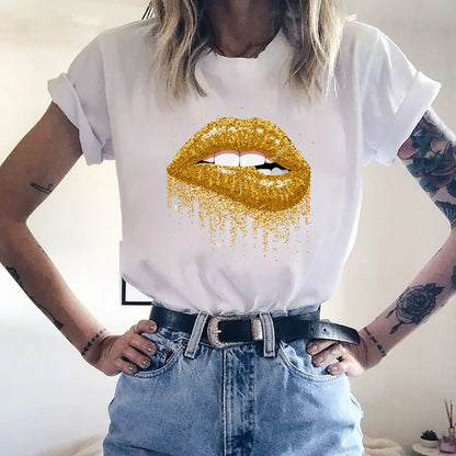 Dazzling Dreams Studio Leopard Lips Print T-shirt, a fashionable statement piece for women, perfect for elevating summertime wardrobes.