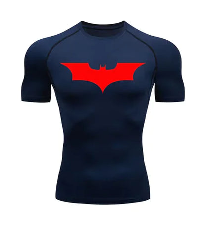 Men's short sleeve compression shirt in navy blue featuring a bold red Batman emblem, designed for style and sun defence.