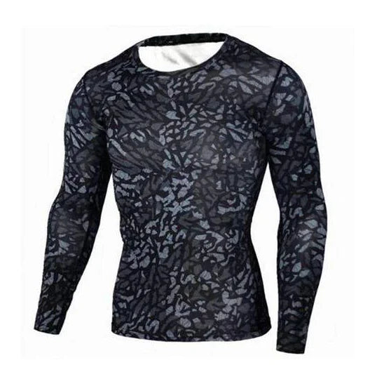 Chic men's long sleeve compression shirt with a modern camouflage design, offering a sleek silhouette for fashionable fitness enthusiasts.