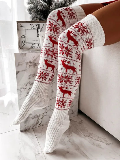 Delicate close-up of stylish white Sexy reindeer Stockings with exquisite festive designs, perfect for a luxurious winter season.