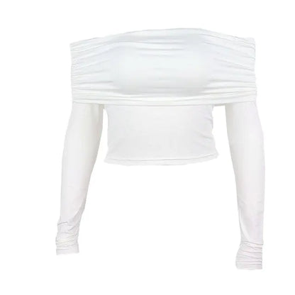 Dazzling Dreams Studio chic off-shoulder crop sleeve tee, crafted from high-quality materials, exuding sophistication and comfort for every occasion.