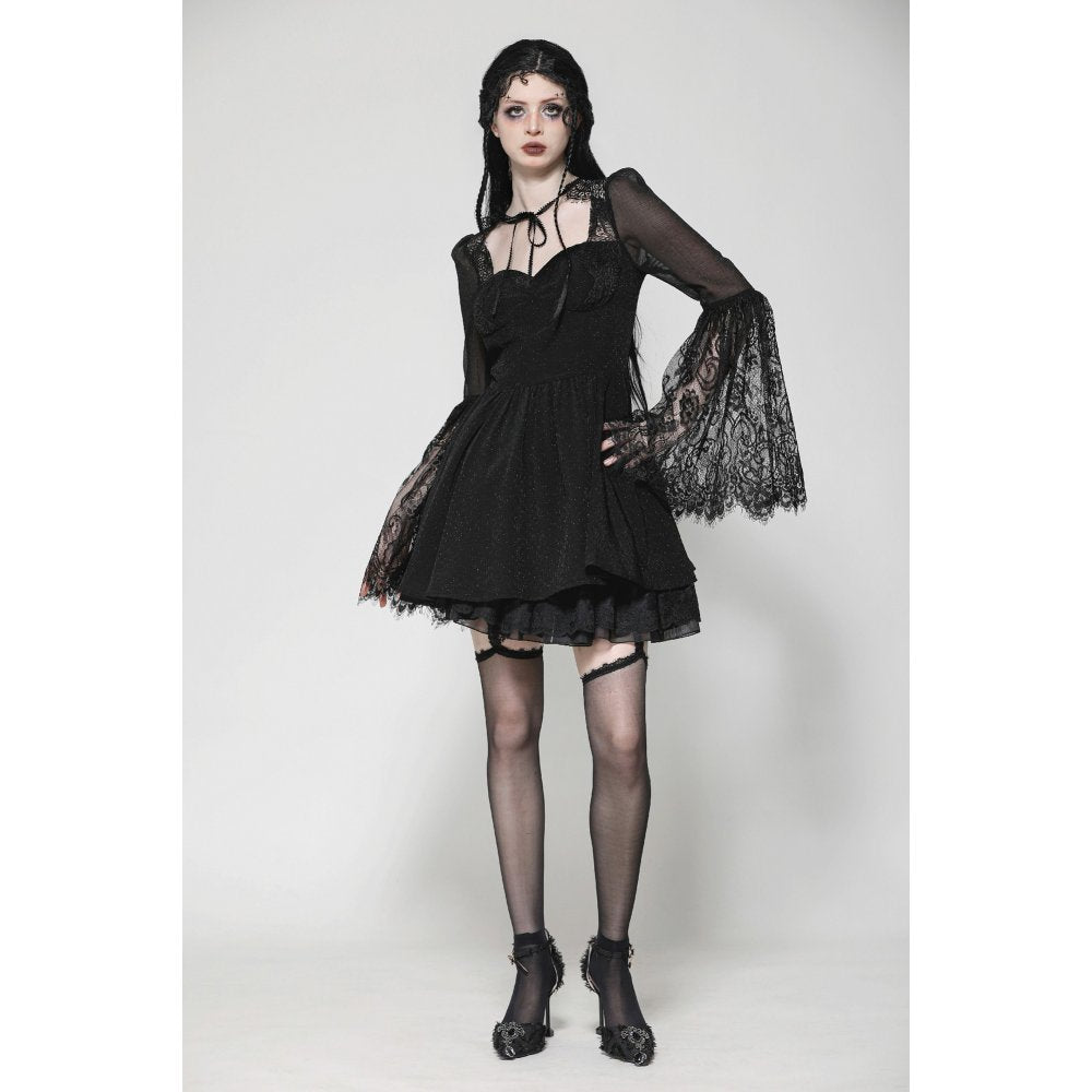 Full view of Dark in Love Greta Dress in a gothic setting, emphasizing its charming mesh fabric and elegant design features.