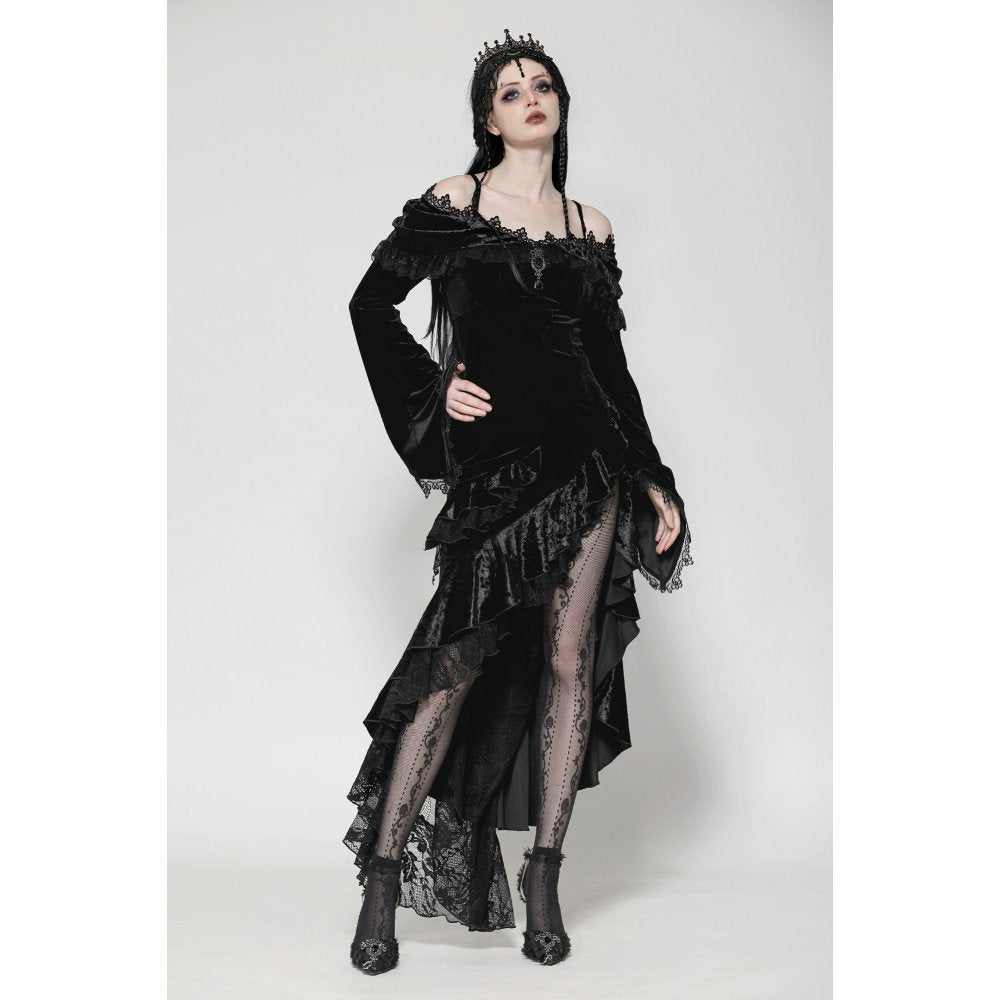 Model elegantly wearing the gothic velvet dress, set against a dramatic backdrop, illustrating the dress's allure and refined gothic style.