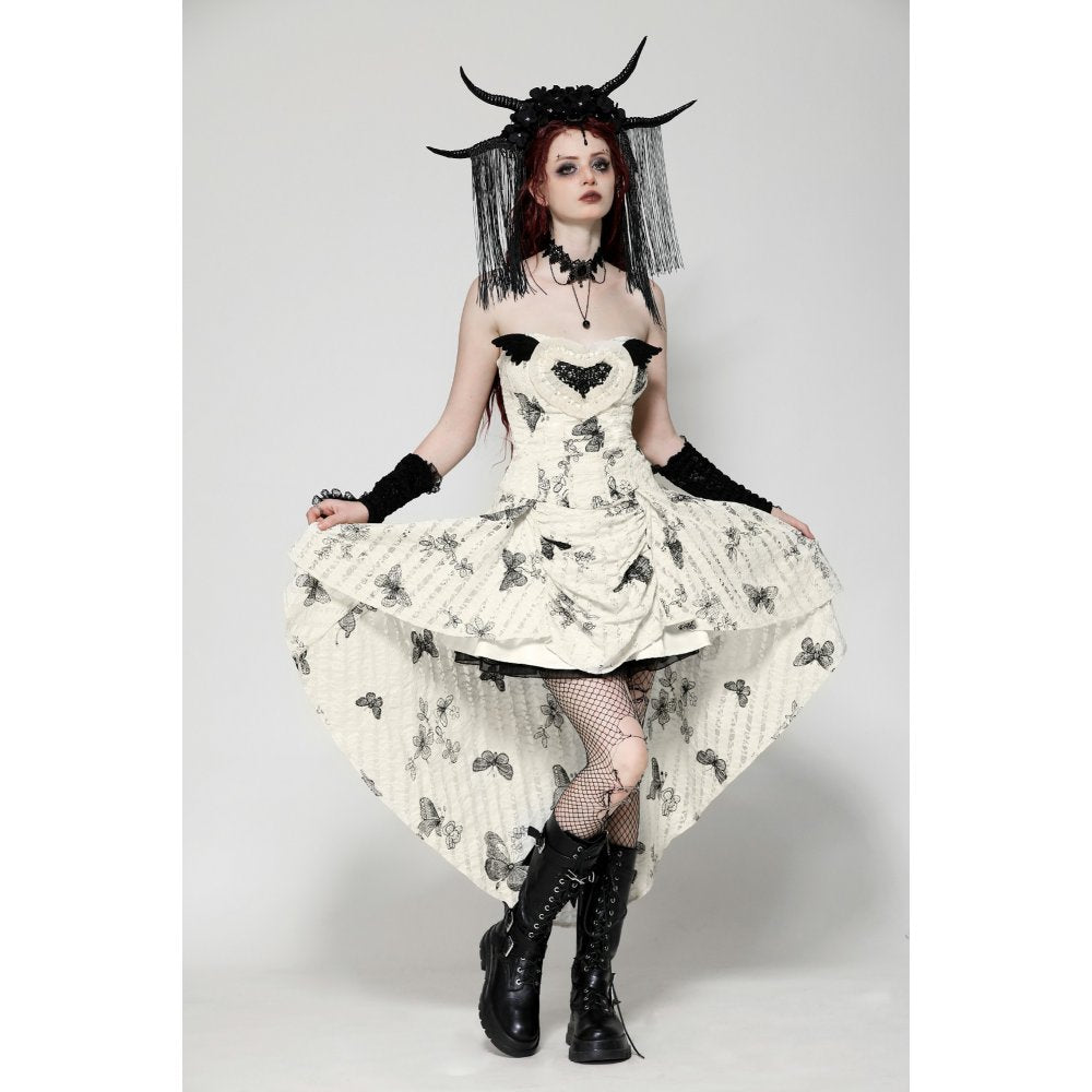 Dark In Love Zosia Dress displayed against a moody backdrop, emphasizing the intricate black butterflies and vintage-inspired aesthetic, ideal for gothic style.