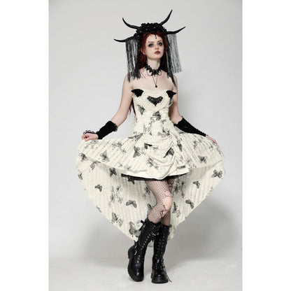 Dark In Love Zosia Dress displayed against a moody backdrop, emphasizing the intricate black butterflies and vintage-inspired aesthetic, ideal for gothic style.
