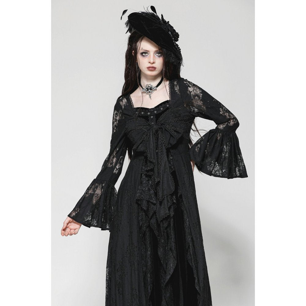 Full view of the Emersyn Long Robe by Dark in Love, demonstrating its gothic elegance and romantic allure, ideal for a chic, vintage-inspired look.