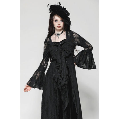 Full view of the Emersyn Long Robe by Dark in Love, demonstrating its gothic elegance and romantic allure, ideal for a chic, vintage-inspired look.