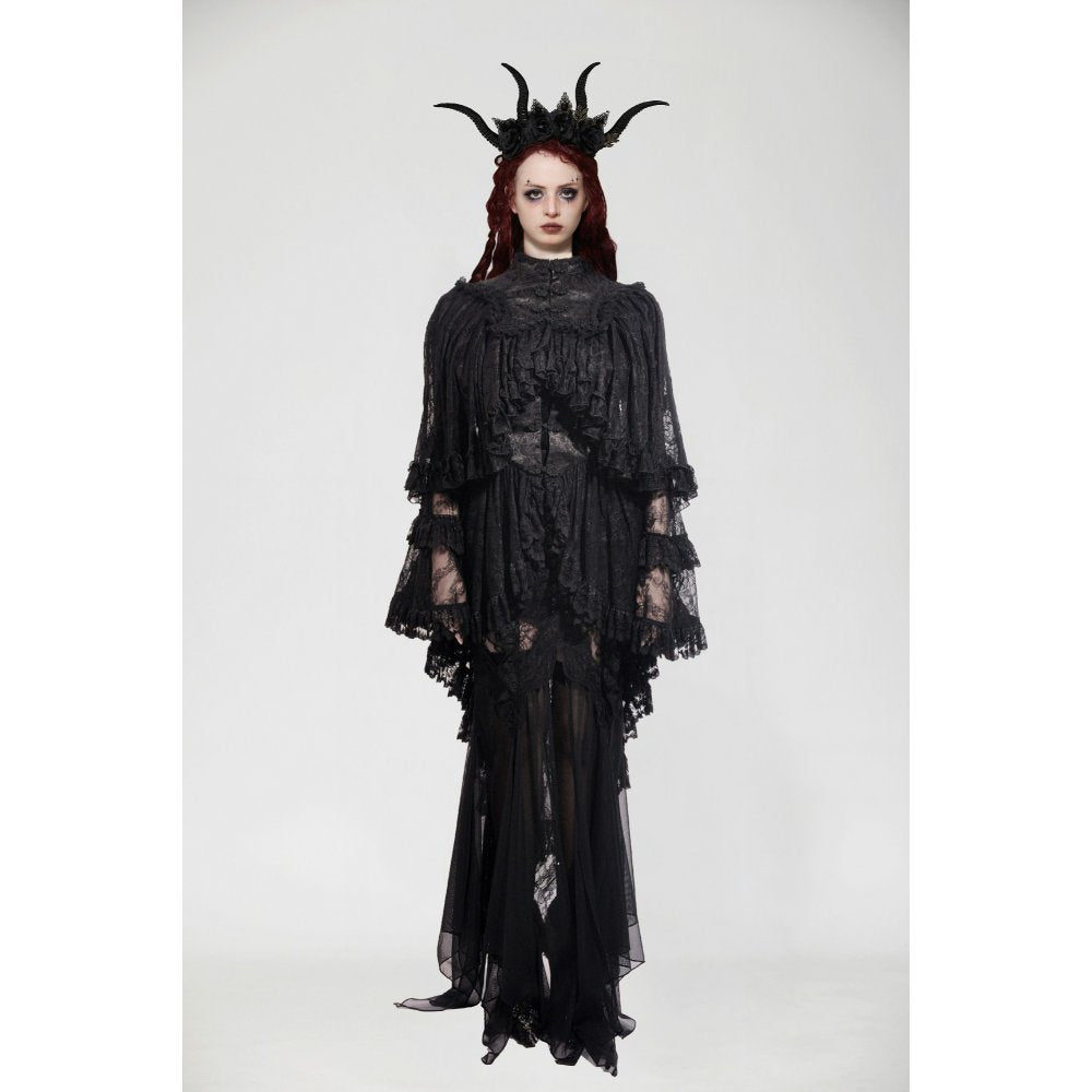 Dark in Love Zuri Vintage Lace Cape showcasing elegant intricate lace with flowing sleeves and a high-neck collar, perfect for gothic fashion layered over evening dresses.