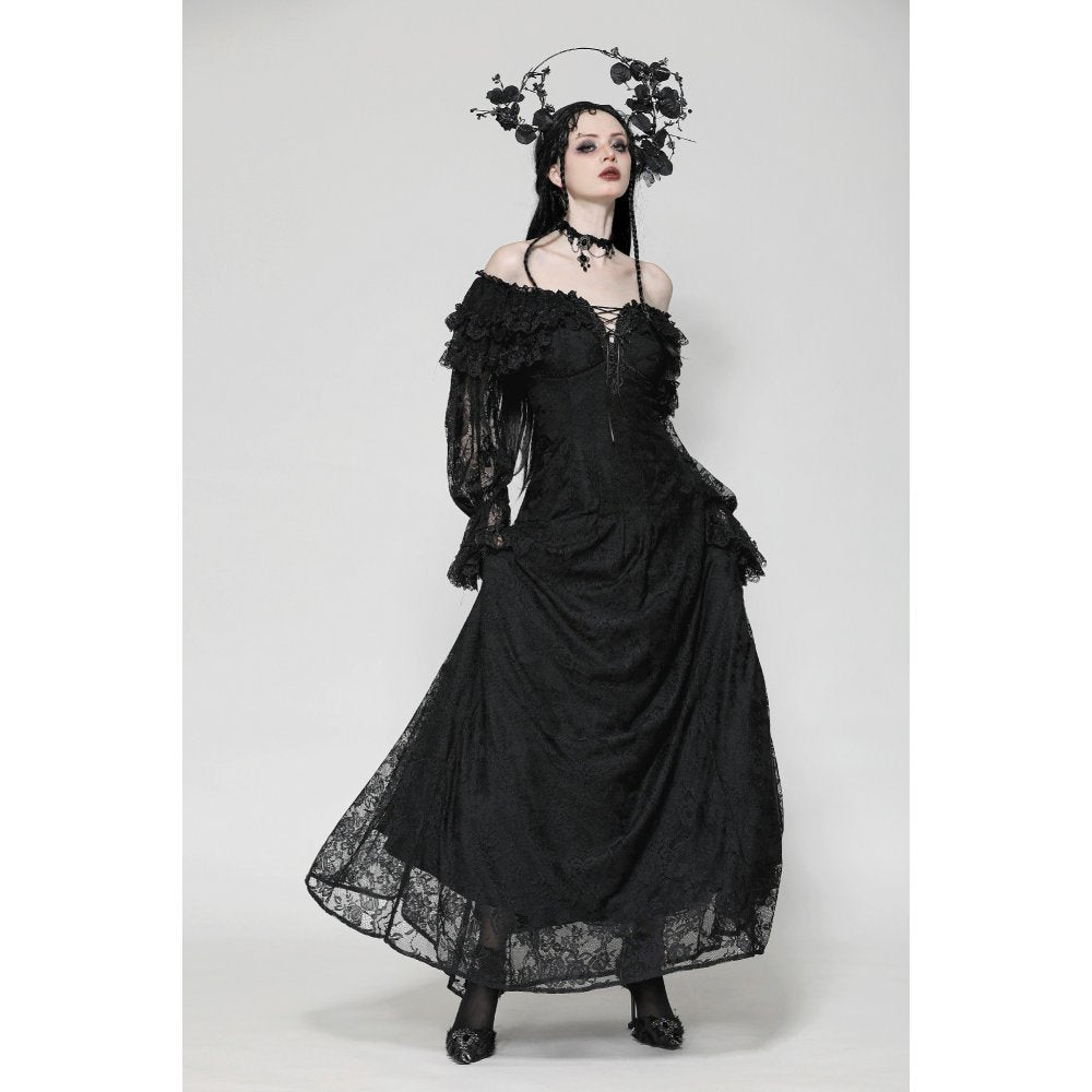 Fashion-forward view of Dark in Love Cosette Gothic Maxi Dress highlighting lace sleeves and playful spaghetti straps, ideal for elegant occasions.