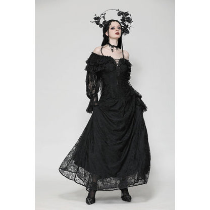 Fashion-forward view of Dark in Love Cosette Gothic Maxi Dress highlighting lace sleeves and playful spaghetti straps, ideal for elegant occasions.