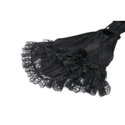 Flat lay of Dark in Love Lavinia Velvet and Lace Shrug, featuring exquisite lace detailing and plush fabric, perfect for a stylish dark-themed outfit.
