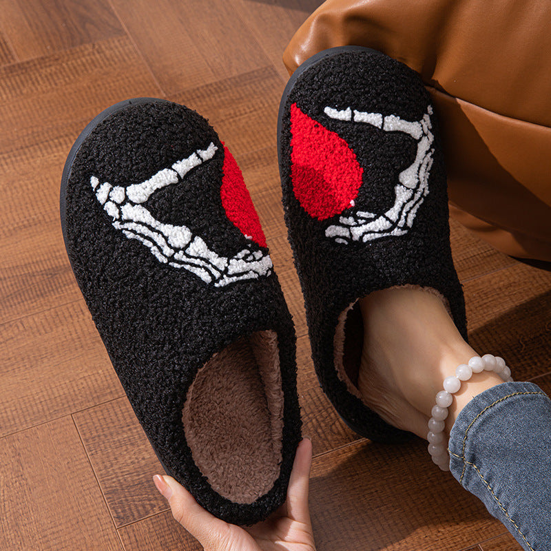 Luxurious Love Black Hand Thickened Cotton Slippers featuring a stylish black design with intricate hand and heart motifs, non-slip sole for safety and warmth.