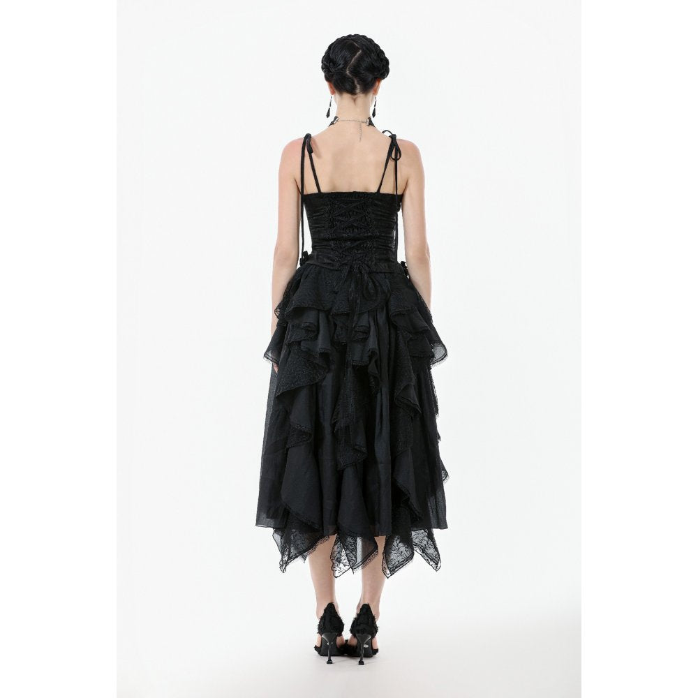 Full view of the Dark in Love Selene Corset Top styled with flowing skirts, showcasing versatile gothic fashion suitable for evenings of dark elegance.