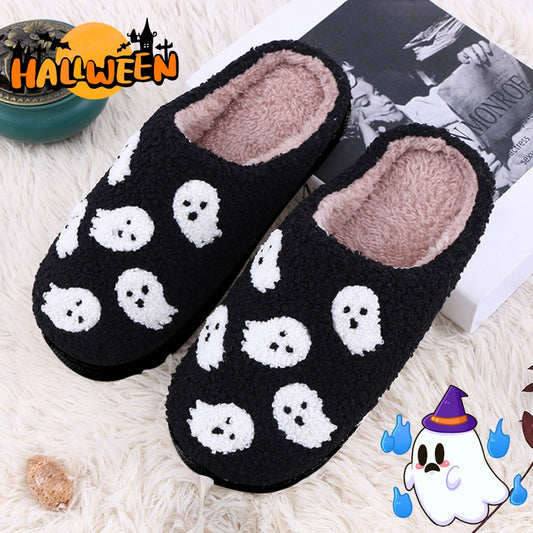 Luxury Halloween Funny Spider Ghost Scary Flat Indoor House Shoes for Women and Men, showcasing soft plush material and a whimsical ghost design, perfect for cosy autumn nights.
