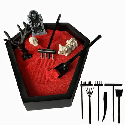 Halloween Sand Table Decoration Micro Landscape Sandbox Crafts featuring a striking red sand base, intricate skeleton decorations, and spooky graveyard elements for an elegant festive display.