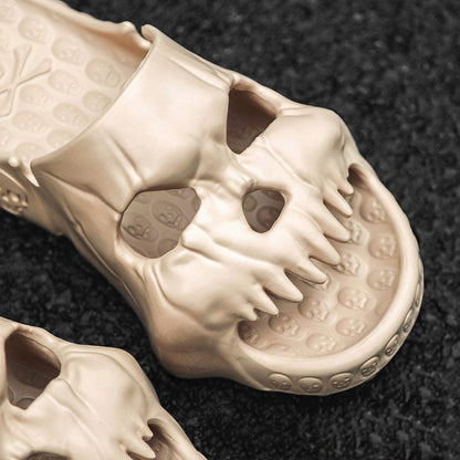 Personalized Skull Design Halloween Slippers featuring an intricate skull motif, perfect for stylish indoor and outdoor wear, exemplifying luxury comfort.