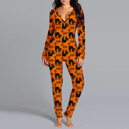 Stunning Halloween Printed Jumpsuit in vibrant orange, featuring black cat motifs, designed for stylish comfort during Halloween festivities.