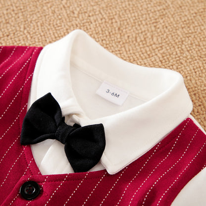 Close-up detail of the collar and bow tie on the Gentleman Baby Boy Jumpsuit in Wine Red - Long Sleeve Autumn Cotton Bodysuit.