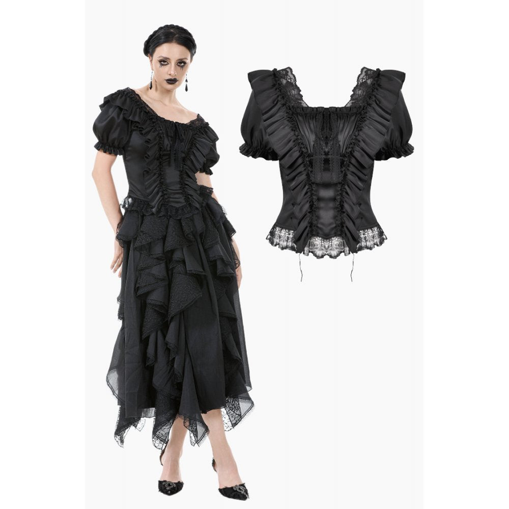 Luxury Dark in Love Black Seraphina Ruched Corset Top showcasing elegant puff sleeves and intricate lace trim, designed for a gothic-inspired aesthetic.