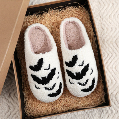Luxurious Funny Bat Slipper Halloween Pumpkin Flat Indoor House Shoes in white, beautifully displayed in a gift box, ideal for Halloween gifts.