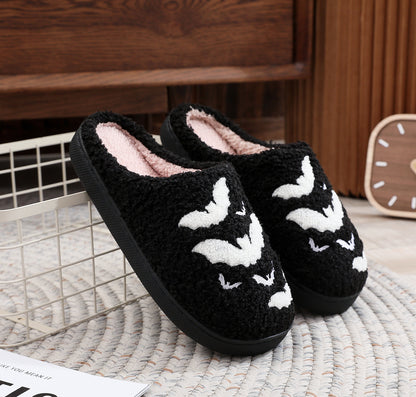 Elegant Funny Bat Slipper featuring a plush texture and whimsical bat design, perfect for Halloween festivities. Ideal indoor flat house shoes for women and men.