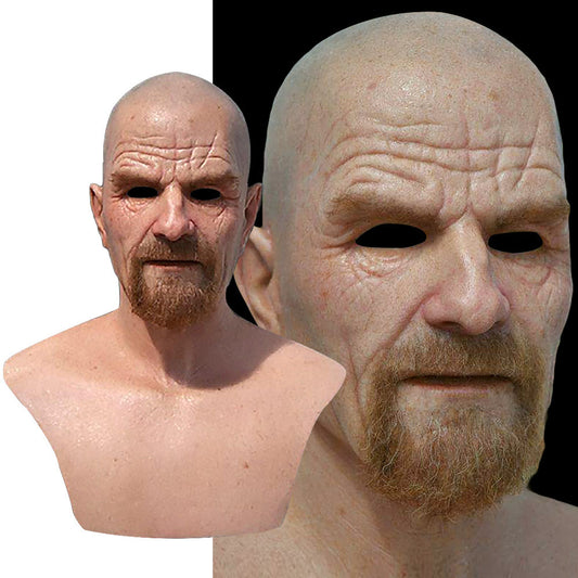 Exquisite Old White Mask Bald Old Latex Headgear showcasing detailed facial features and a realistic beard, perfect for Halloween and cosplay.