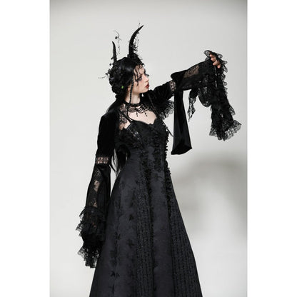 Back view of the Dark in Love Lavinia Velvet and Lace Shrug highlighting its elegant silhouette.