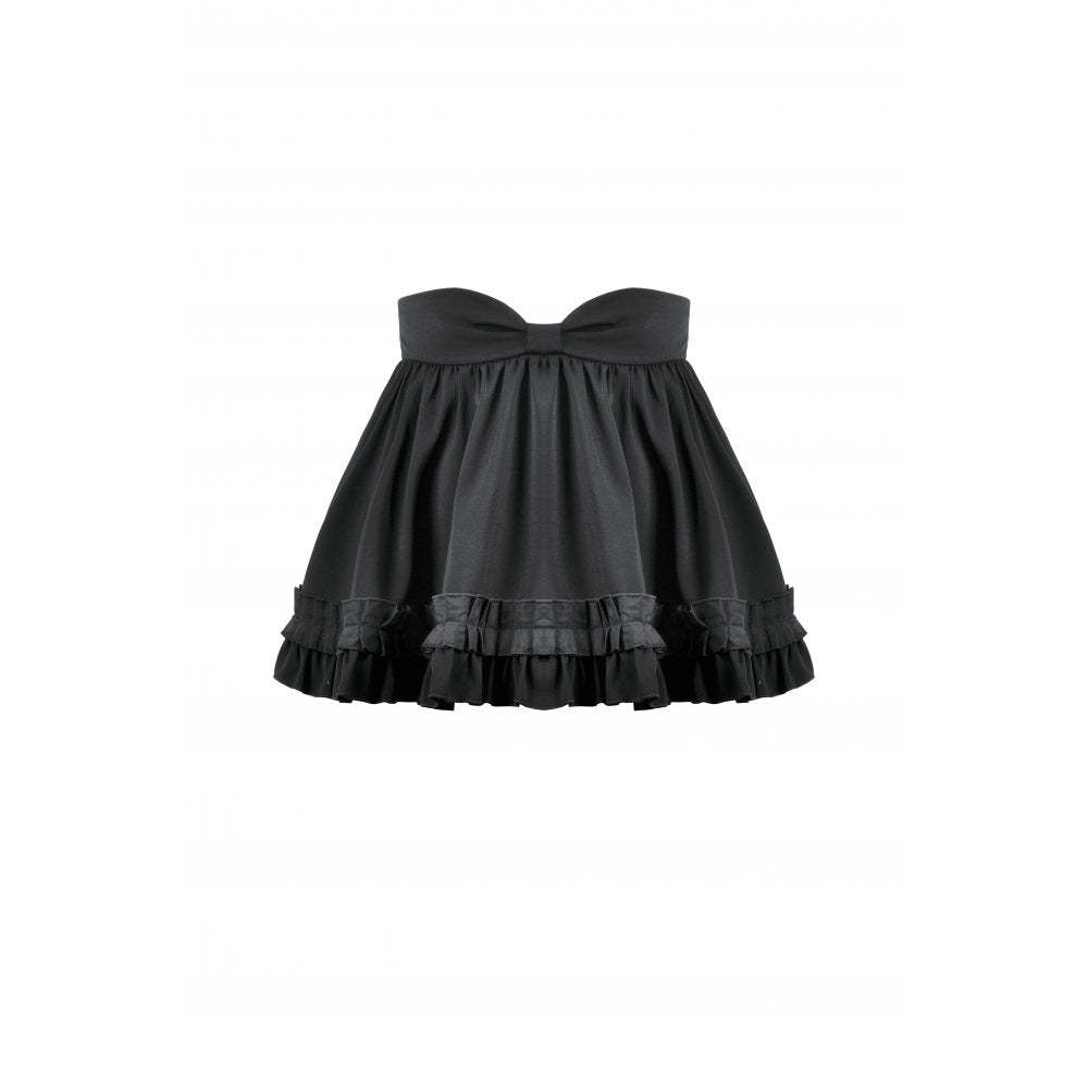 Elegant Dark in Love black Lolita-inspired high-waisted mini skirt featuring intricate ruffled hem and sweetheart waistband, perfect for alternative fashion enthusiasts.