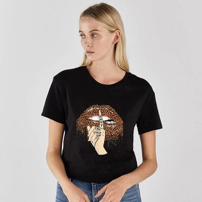 Close-up view of the ultra-soft milk silk fabric of the Leopard Lips Print Women's T-Shirt by Dazzling Dreams Studio, showcasing comfort and luxury.