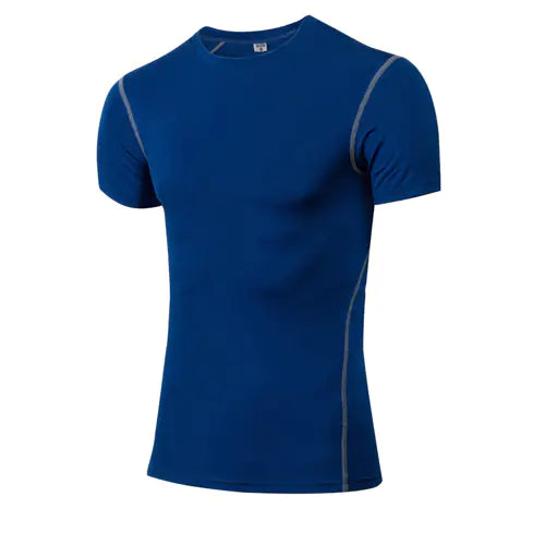 Men's luxury performance compression short sleeve shirt in elegant navy blue, ideal for workout and active pursuits.