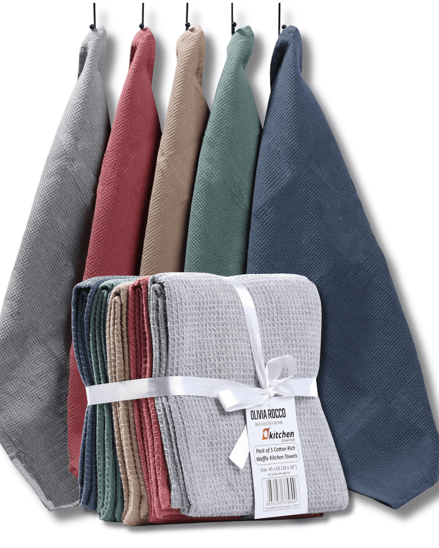 Pack of 5 luxurious ultra absorbent waffle kitchen tea towels in assorted vibrant colours, crafted from soft 100% cotton; ideal for enhancing kitchen décor and perfect for drying dishes, polishing glassware, and quick clean-ups.