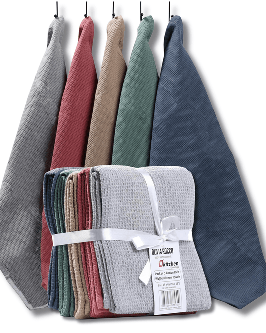 Pack of 5 luxurious ultra absorbent waffle kitchen tea towels in assorted vibrant colours, crafted from soft 100% cotton; ideal for enhancing kitchen décor and perfect for drying dishes, polishing glassware, and quick clean-ups.