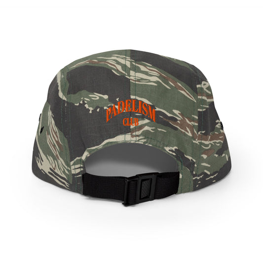 Detailed view of the Camo Five Panel Cap showcasing its durable nylon strap closure and metal eyelets for enhanced ventilation.