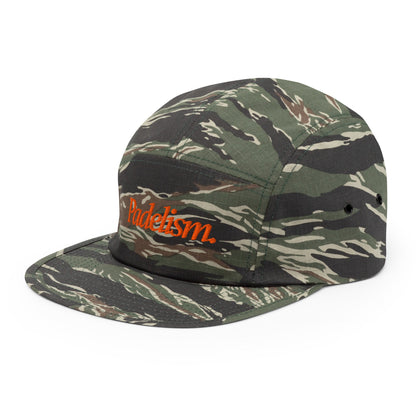 Luxurious Camo Five Panel Cap by Padelism, showcasing a stylish low-profile design, crafted from 100% premium cotton for ultimate comfort and breathability, featuring a durable nylon strap closure and metal eyelets for ventilation.