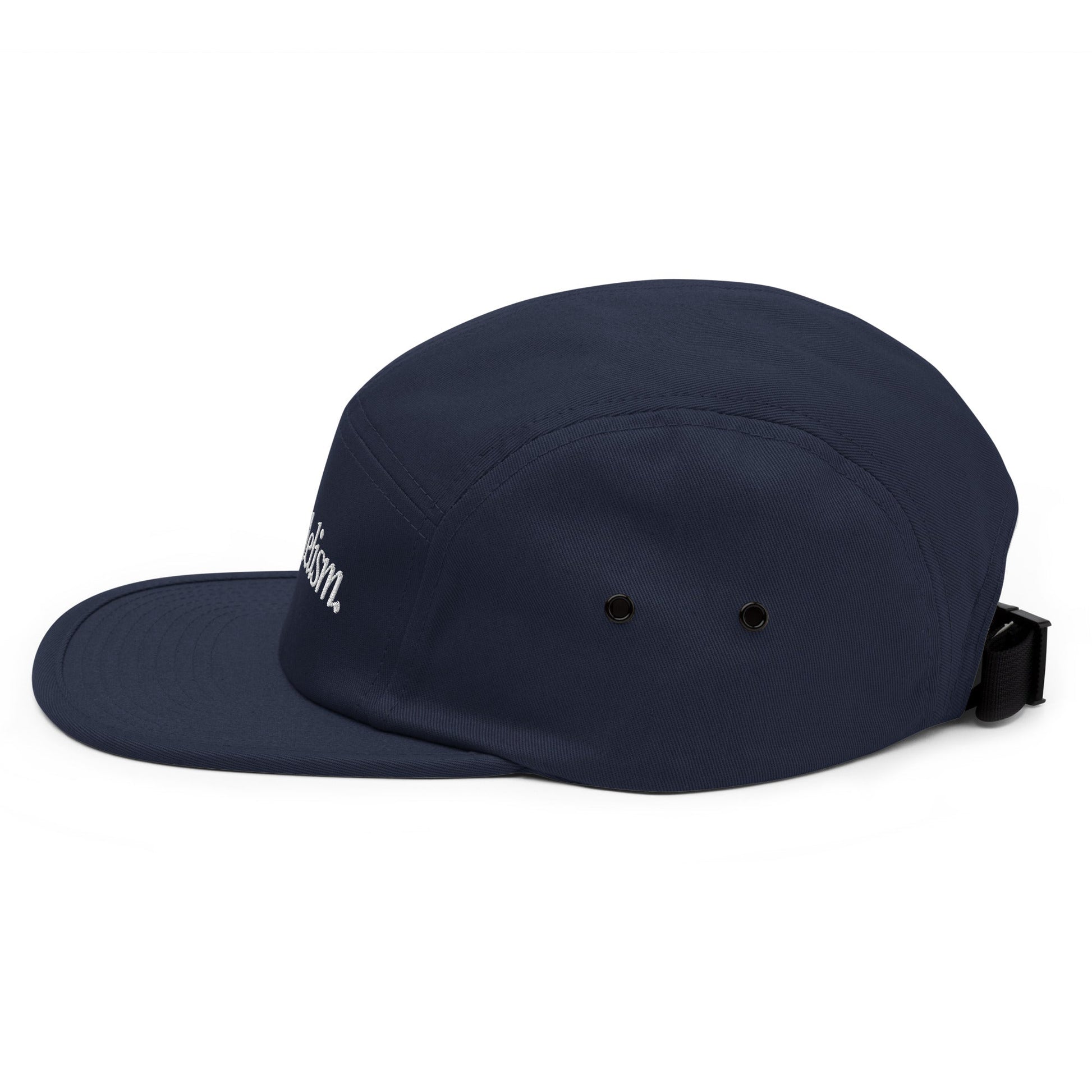 Side view of the Luxury Five Panel Camper Cap featuring a nylon strap closure for an adjustable and personalised fit.