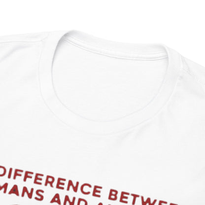 Close-up of a high-quality white T-shirt collar featuring witty political satire text: 'The Difference Between Humans and Animals'.