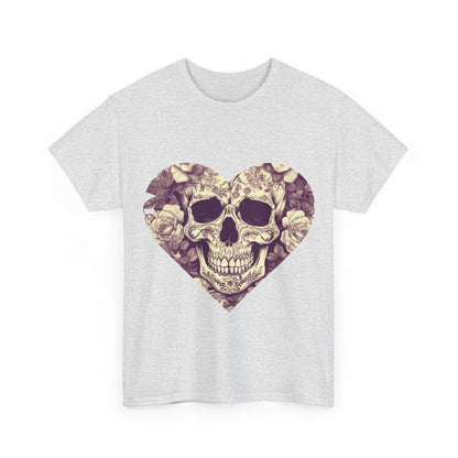Skulls and Roses Cotton Tee featuring an intricate skull design surrounded by roses, perfect for alternative fashion enthusiasts.