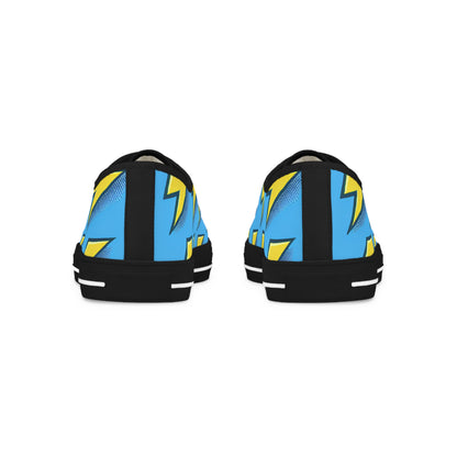 Fashionable Bolt Brightley Men's Lowtop Sneakers from Printify, designed to ensure all-day comfort with a bold blue base and an eye-catching yellow lightning bolt.